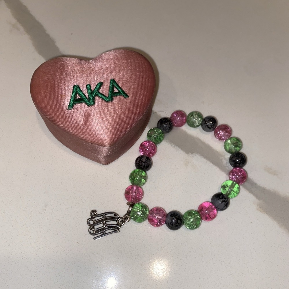 Alpha Kappa Alpha AKA Sorority Bracelet And Jewelry Box  Charm Pink Green Gift